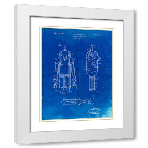 PP479-Faded Blueprint Deep Sea Diving Suit Patent Poster White Modern Wood Framed Art Print with Double Matting by Borders, Cole