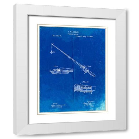 PP490-Faded Blueprint Fishing Rod and Reel 1884 Patent Poster White Modern Wood Framed Art Print with Double Matting by Borders, Cole
