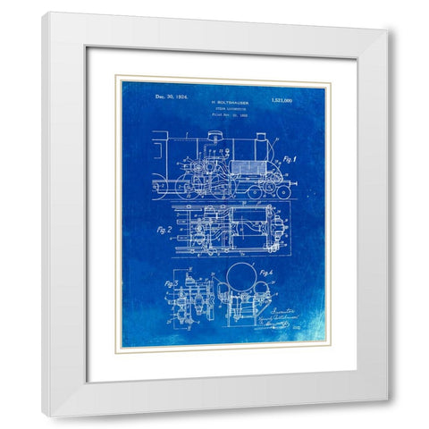 PP516-Faded Blueprint Steam Train Locomotive Patent Poster White Modern Wood Framed Art Print with Double Matting by Borders, Cole