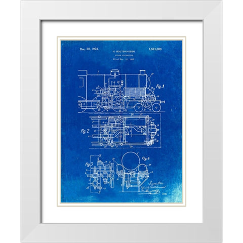 PP516-Faded Blueprint Steam Train Locomotive Patent Poster White Modern Wood Framed Art Print with Double Matting by Borders, Cole