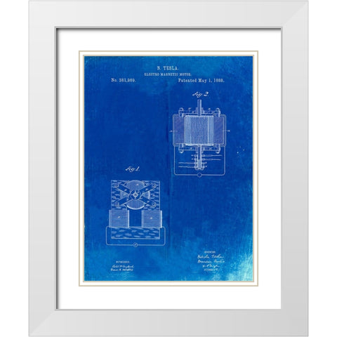 PP532-Faded Blueprint Tesla Electro Magnetic Motor Poster White Modern Wood Framed Art Print with Double Matting by Borders, Cole