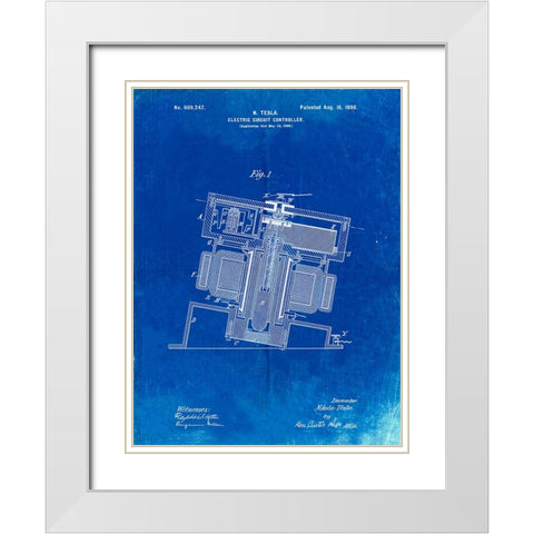 PP608-Faded Blueprint Tesla Electric Circuit Controller Poster White Modern Wood Framed Art Print with Double Matting by Borders, Cole