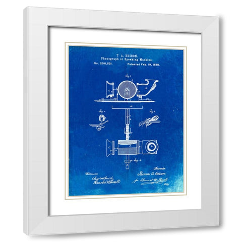PP622-Faded Blueprint T. A. Edison Phonograph Patent Poster White Modern Wood Framed Art Print with Double Matting by Borders, Cole
