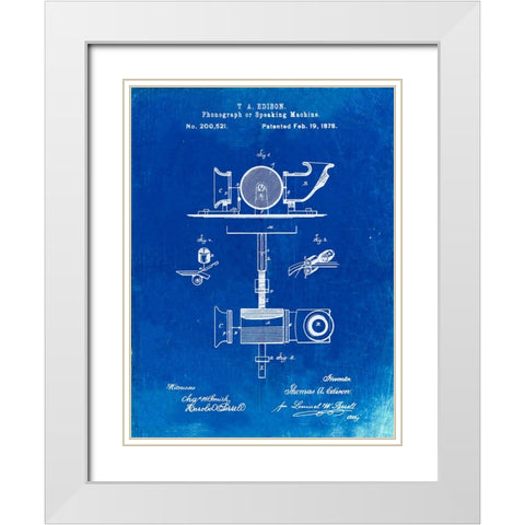 PP622-Faded Blueprint T. A. Edison Phonograph Patent Poster White Modern Wood Framed Art Print with Double Matting by Borders, Cole