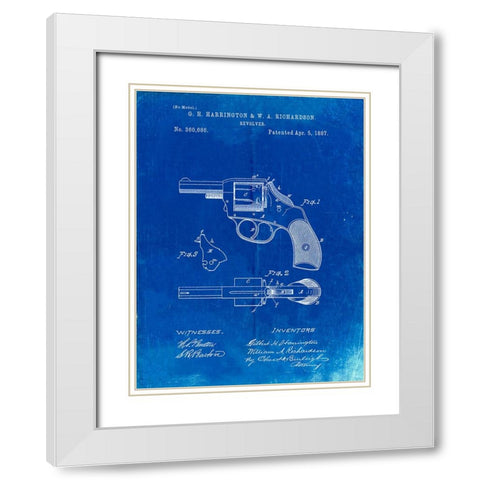 PP633-Faded Blueprint H And R Revolver Pistol Patent Poster White Modern Wood Framed Art Print with Double Matting by Borders, Cole