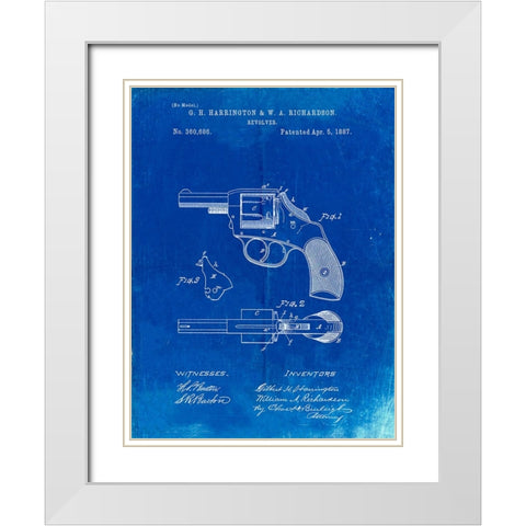 PP633-Faded Blueprint H And R Revolver Pistol Patent Poster White Modern Wood Framed Art Print with Double Matting by Borders, Cole