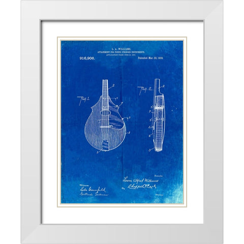 PP638-Faded Blueprint Mandolin Pick Guard Patent Poster White Modern Wood Framed Art Print with Double Matting by Borders, Cole