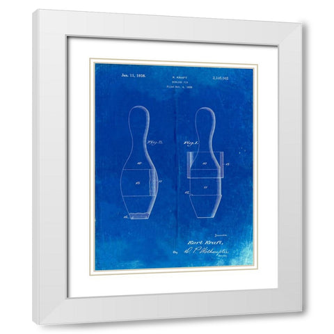 PP653-Faded Blueprint Bowling Pin 1938 Patent Poster White Modern Wood Framed Art Print with Double Matting by Borders, Cole