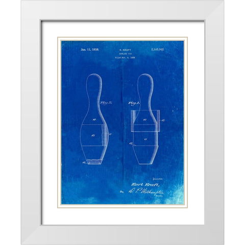 PP653-Faded Blueprint Bowling Pin 1938 Patent Poster White Modern Wood Framed Art Print with Double Matting by Borders, Cole