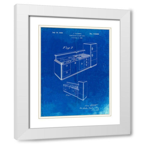PP659-Faded Blueprint Kitchen Cabinets Poster White Modern Wood Framed Art Print with Double Matting by Borders, Cole