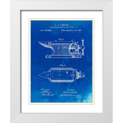 PP741-Faded Blueprint Blacksmith Anvil Patent Poster White Modern Wood Framed Art Print with Double Matting by Borders, Cole