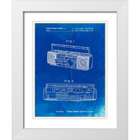 PP752-Faded Blueprint Boom Box Patent Poster White Modern Wood Framed Art Print with Double Matting by Borders, Cole