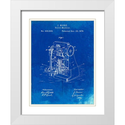 PP757-Faded Blueprint Bullet Machine Patent Poster White Modern Wood Framed Art Print with Double Matting by Borders, Cole