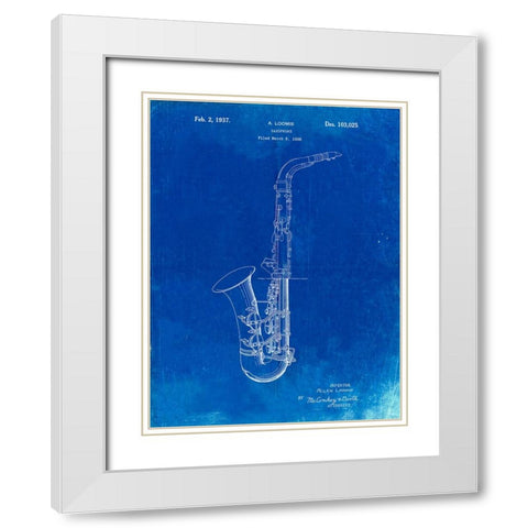 PP773-Faded Blueprint Conn A Melody Saxophone Patent Poster White Modern Wood Framed Art Print with Double Matting by Borders, Cole