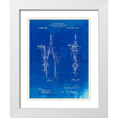 PP785-Faded Blueprint Drafting Compass 1912 Patent Poster White Modern Wood Framed Art Print with Double Matting by Borders, Cole
