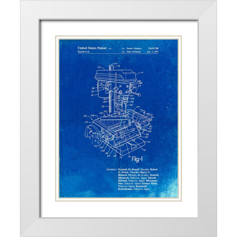 PP788-Faded Blueprint Drill Press Patent Poster White Modern Wood Framed Art Print with Double Matting by Borders, Cole