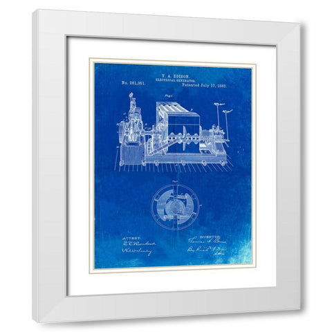 PP794-Faded Blueprint Edison Electrical Generator Patent Art White Modern Wood Framed Art Print with Double Matting by Borders, Cole