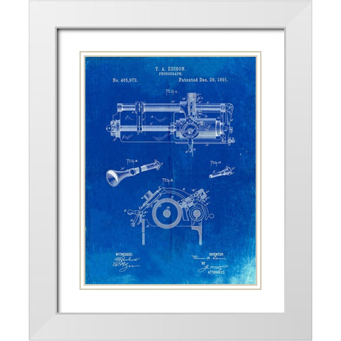 PP798-Faded Blueprint Edison Phonograph Patent Poster White Modern Wood Framed Art Print with Double Matting by Borders, Cole