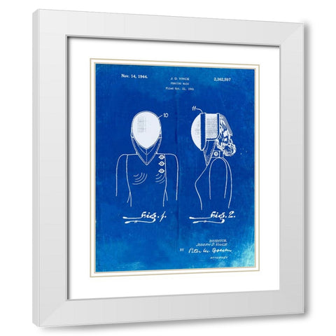 PP805-Faded Blueprint Fencing Mask Patent Poster White Modern Wood Framed Art Print with Double Matting by Borders, Cole
