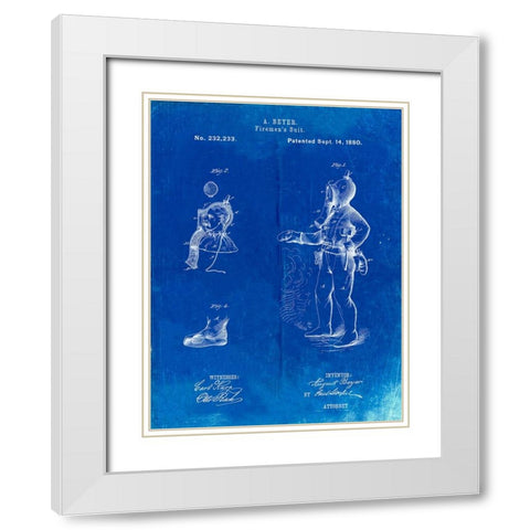 PP811-Faded Blueprint Firefighter Suit 1880 Patent Poster White Modern Wood Framed Art Print with Double Matting by Borders, Cole