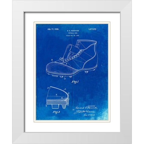 PP823-Faded Blueprint Football Cleat 1928 Patent Poster White Modern Wood Framed Art Print with Double Matting by Borders, Cole