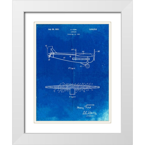 PP849-Faded Blueprint Ford Tri-Motor Airplane "The Tin Goose" Patent Poster White Modern Wood Framed Art Print with Double Matting by Borders, Cole