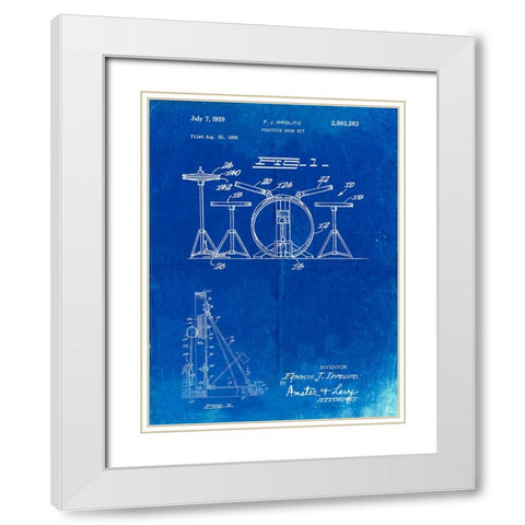 PP852-Faded Blueprint Frank Ippolito Practice Drum Set Patent Poster White Modern Wood Framed Art Print with Double Matting by Borders, Cole