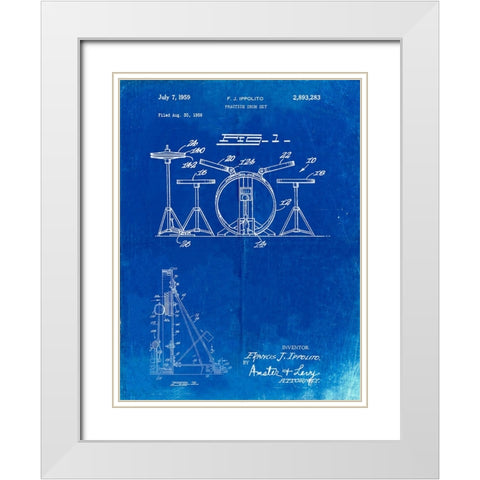 PP852-Faded Blueprint Frank Ippolito Practice Drum Set Patent Poster White Modern Wood Framed Art Print with Double Matting by Borders, Cole