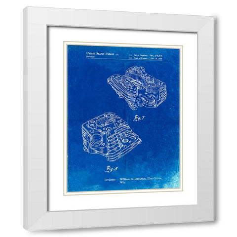 PP870-Faded Blueprint Harley Davidson Engine Head Patent Poster White Modern Wood Framed Art Print with Double Matting by Borders, Cole