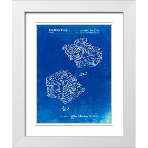 PP870-Faded Blueprint Harley Davidson Engine Head Patent Poster White Modern Wood Framed Art Print with Double Matting by Borders, Cole