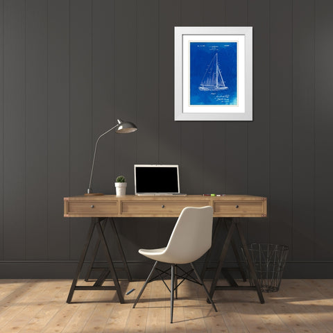 PP878-Faded Blueprint Herreshoff R 40 Gamecock Racing Sailboat Patent Poster White Modern Wood Framed Art Print with Double Matting by Borders, Cole