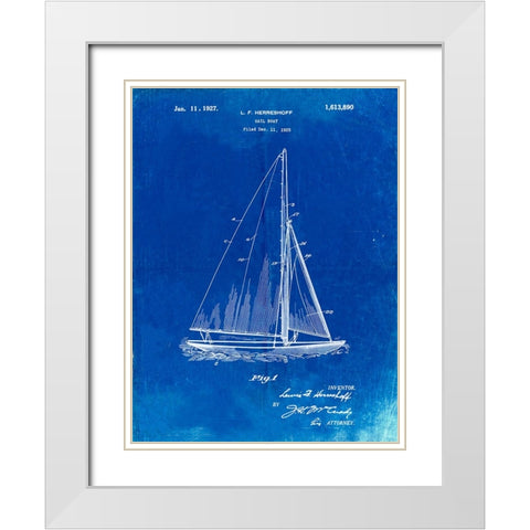 PP878-Faded Blueprint Herreshoff R 40 Gamecock Racing Sailboat Patent Poster White Modern Wood Framed Art Print with Double Matting by Borders, Cole