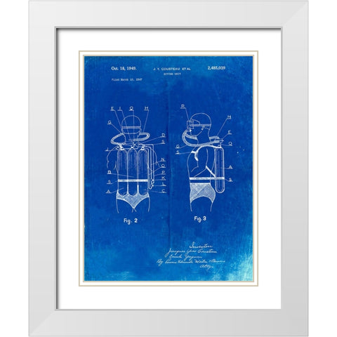 PP897-Faded Blueprint Jacques Cousteau Diving Suit Patent Poster White Modern Wood Framed Art Print with Double Matting by Borders, Cole