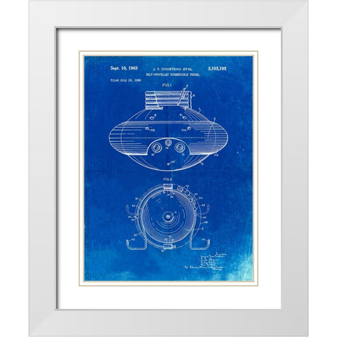 PP898-Faded Blueprint Jacques Cousteau Submersible Vessel Patent Poster White Modern Wood Framed Art Print with Double Matting by Borders, Cole