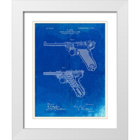 PP947-Faded Blueprint Luger Pistol Patent Poster White Modern Wood Framed Art Print with Double Matting by Borders, Cole