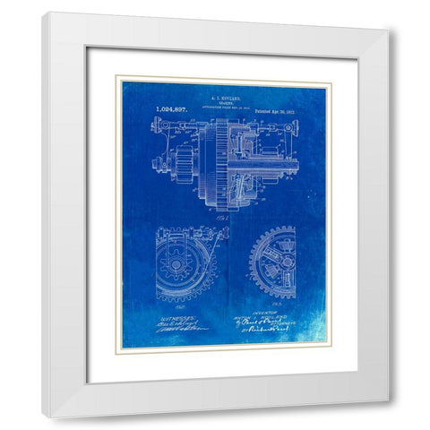PP953-Faded Blueprint Mechanical Gearing 1912 Patent Poster White Modern Wood Framed Art Print with Double Matting by Borders, Cole