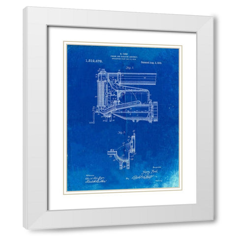 PP960-Faded Blueprint Model T Engine and Radiator Assembly White Modern Wood Framed Art Print with Double Matting by Borders, Cole