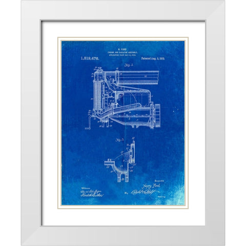 PP960-Faded Blueprint Model T Engine and Radiator Assembly White Modern Wood Framed Art Print with Double Matting by Borders, Cole