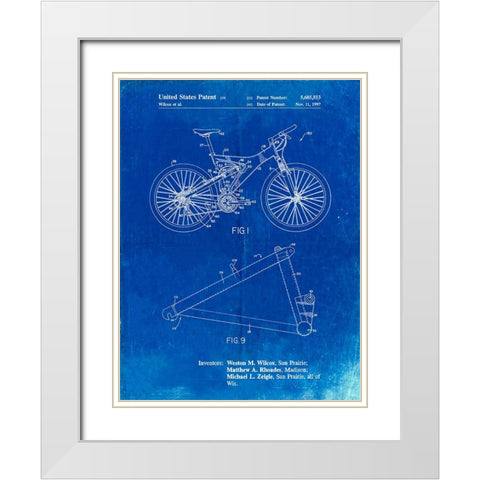 PP965-Faded Blueprint Mountain Bike Patent Art White Modern Wood Framed Art Print with Double Matting by Borders, Cole