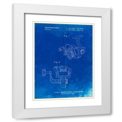 PP973-Faded Blueprint Open Face Spinning Fishing Reel Patent Poster White Modern Wood Framed Art Print with Double Matting by Borders, Cole