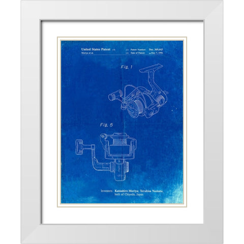 PP973-Faded Blueprint Open Face Spinning Fishing Reel Patent Poster White Modern Wood Framed Art Print with Double Matting by Borders, Cole