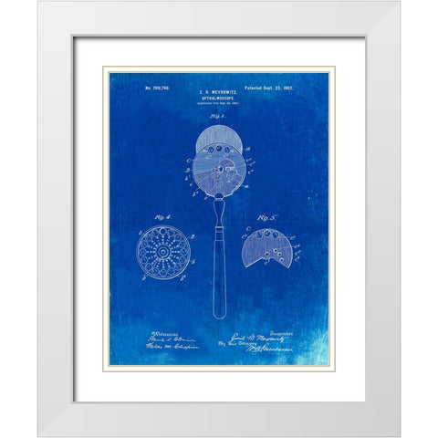 PP975-Faded Blueprint Ophthalmoscope Patent Poster White Modern Wood Framed Art Print with Double Matting by Borders, Cole