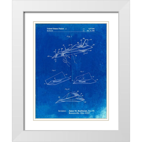 PP983-Faded Blueprint Paper Airplane Patent Poster White Modern Wood Framed Art Print with Double Matting by Borders, Cole