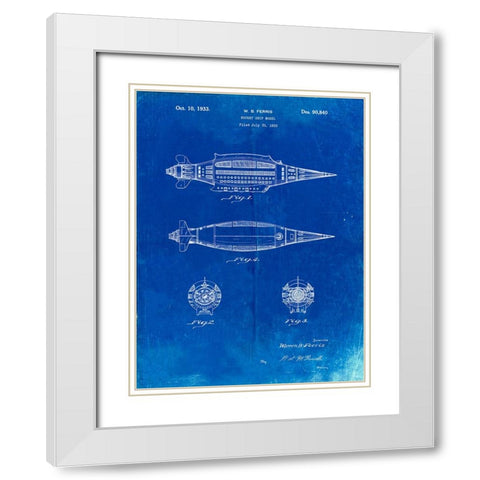 PP1017-Faded Blueprint Rocket Ship Model Patent Poster White Modern Wood Framed Art Print with Double Matting by Borders, Cole