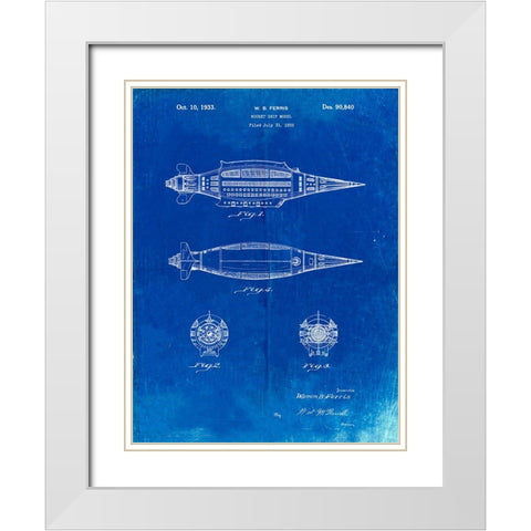 PP1017-Faded Blueprint Rocket Ship Model Patent Poster White Modern Wood Framed Art Print with Double Matting by Borders, Cole