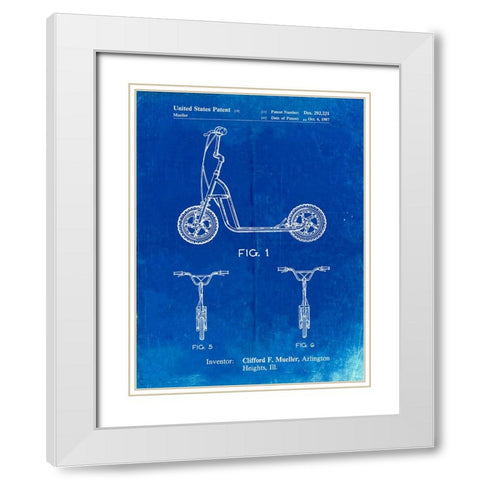 PP1030-Faded Blueprint Scooter Patent Art, 80s Toys, 80s Decor, PP1030 White Modern Wood Framed Art Print with Double Matting by Borders, Cole