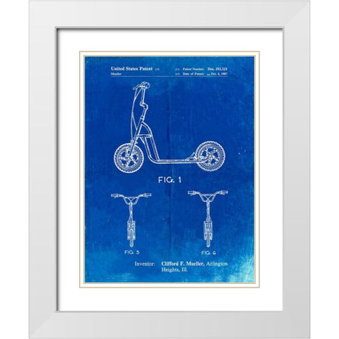 PP1030-Faded Blueprint Scooter Patent Art, 80s Toys, 80s Decor, PP1030 White Modern Wood Framed Art Print with Double Matting by Borders, Cole