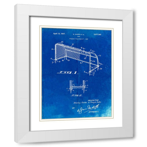 PP1048-Faded Blueprint Soccer Goal Patent Art White Modern Wood Framed Art Print with Double Matting by Borders, Cole