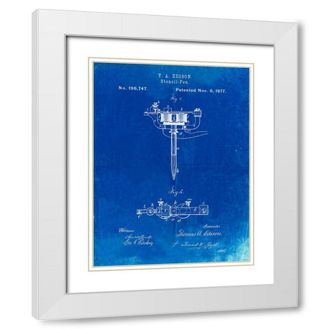 PP1065-Faded Blueprint Stencil Pen Patent Art White Modern Wood Framed Art Print with Double Matting by Borders, Cole