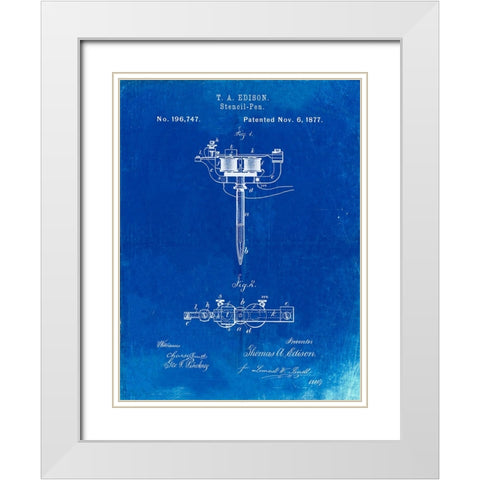 PP1065-Faded Blueprint Stencil Pen Patent Art White Modern Wood Framed Art Print with Double Matting by Borders, Cole